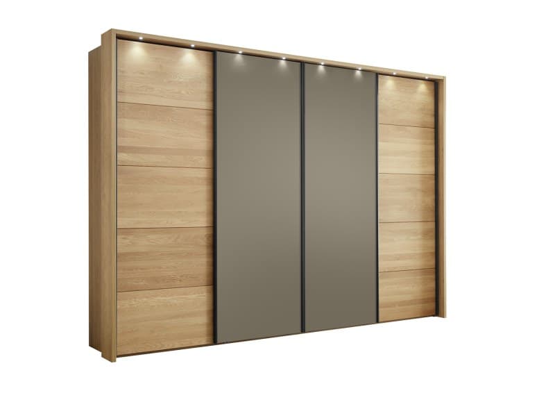 Schwebetürenschrank Lenoso - B. ca. 340 cm, Eiche massiv, Glas, Graubraun