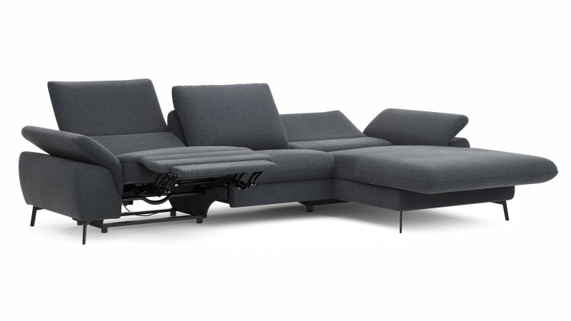 Ecksofa Gotera - 1,5-Sitzer med + 1,5-Sitzer med mit Longchair groß rechts inkl. Schlaffunktion (teilmotorisch), Armlehne klappbar, Rückenlehne verstellbar  und einmal Relaxfunktion (teilmotorisch), Stoff, Anthrazit