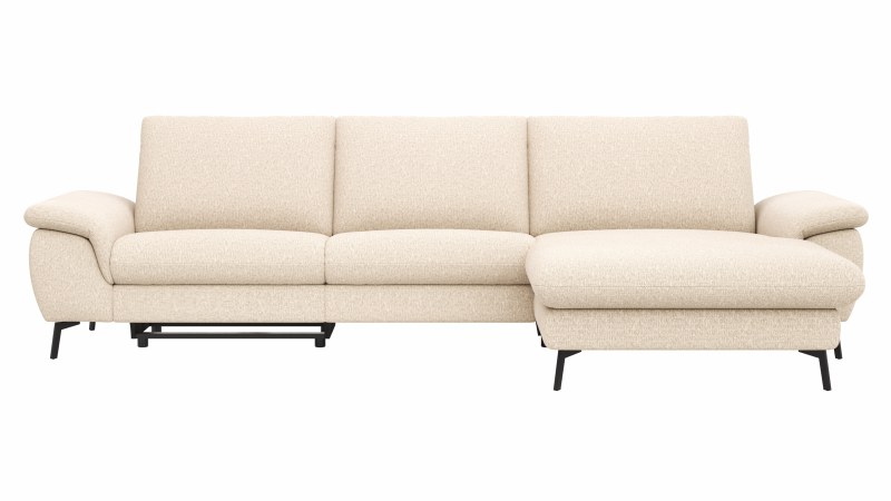 Ecksofa Gotera - 1,5-Sitzer med + 1,5-Sitzer med mit Longchair groß rechts inkl. Schlaffunktion (teilmotorisch), Armlehne klappbar, Rückenlehne verstellbar  und einmal Relaxfunktion (teilmotorisch), Stoff, Creme