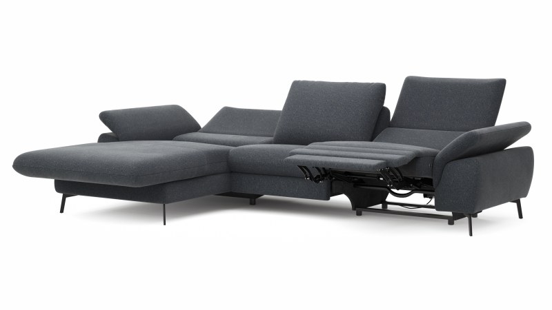 Ecksofa Gotera - Longchair groß mit 1,5-Sitzer med + 1,5-Sitzer med rechts inkl. Schlaffunktion (teilmotorisch), Armlehne klappbar, Rückenlehne verstellbar  und einmal Relaxfunktion (teilmotorisch), Stoff, Anthrazit