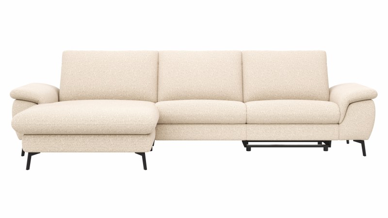 Ecksofa Gotera - Longchair groß mit 1,5-Sitzer med + 1,5-Sitzer med rechts inkl. Schlaffunktion (teilmotorisch), Armlehne klappbar, Rückenlehne verstellbar  und einmal Relaxfunktion (teilmotorisch), Stoff, Creme
