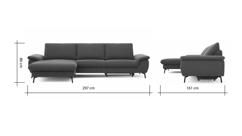 Ecksofa Gotera - Longchair groß mit 1,5-Sitzer med + 1,5-Sitzer med rechts inkl. Schlaffunktion (teilmotorisch), Armlehne klappbar, Rückenlehne verstellbar  und einmal Relaxfunktion (teilmotorisch), Stoff, Creme
