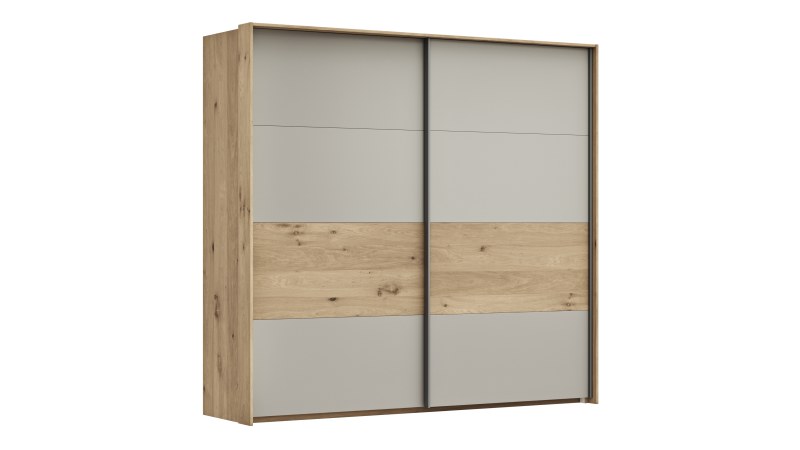 Schwebetürenschrank Viana - B ca. 218 cm, Furnier, Balkeneiche, Hellgrau