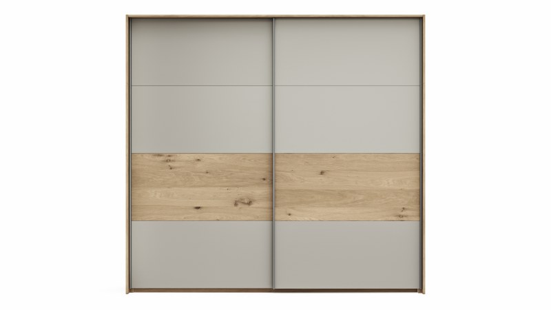 Schwebetürenschrank Viana - B ca. 218 cm, Furnier, Balkeneiche, Hellgrau