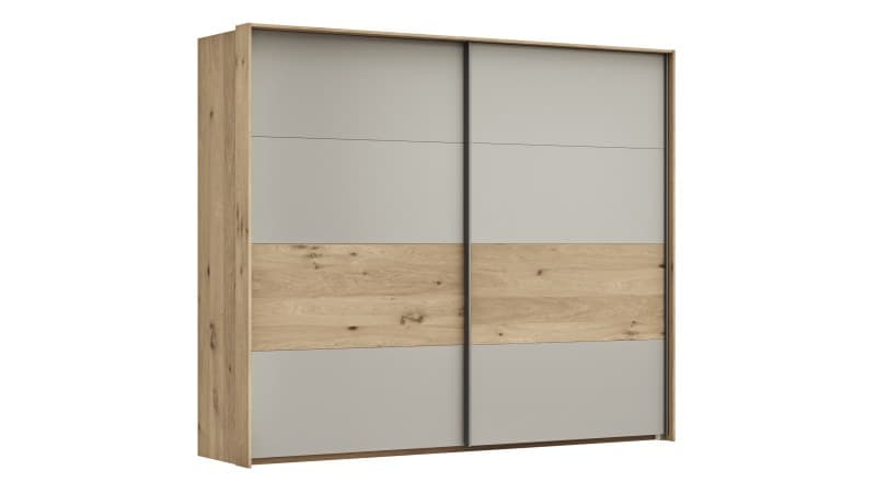 Schwebetürenschrank Viana - B ca. 248 cm, Furnier, Balkeneiche, Hellgrau