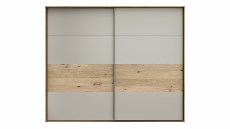 Schwebetürenschrank Viana - B ca. 248 cm, Furnier, Balkeneiche, Hellgrau