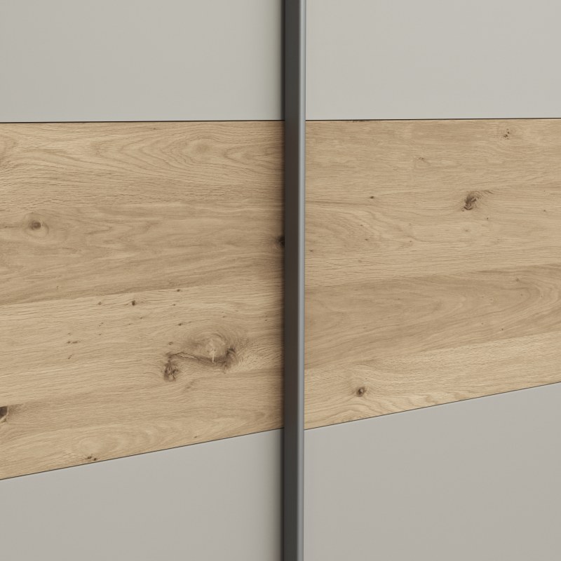 Schwebetürenschrank Viana - B ca. 278 cm, Furnier, Balkeneiche, Hellgrau