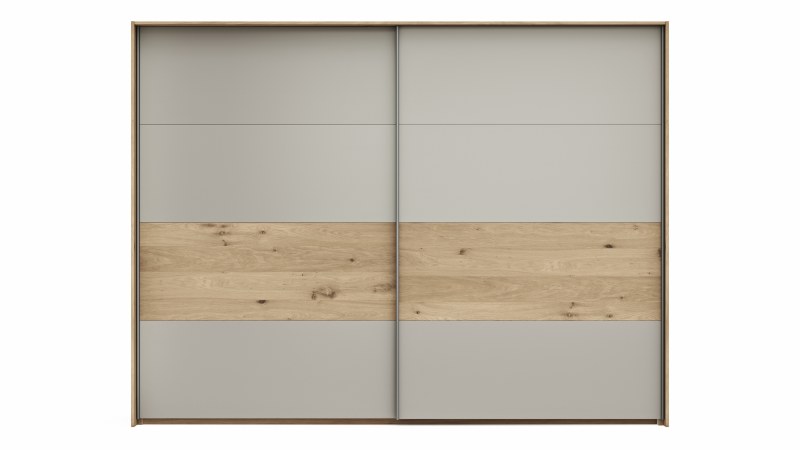 Schwebetürenschrank Viana - B ca. 278 cm, Furnier, Balkeneiche, Hellgrau