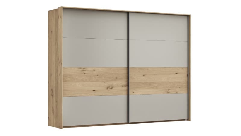 Schwebetürenschrank Viana - B ca. 278 cm, Furnier, Balkeneiche, Hellgrau