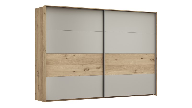 Schwebetürenschrank Viana - B ca. 308 cm, Furnier, Balkeneiche, Hellgrau