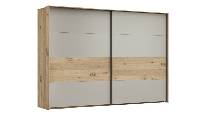 Schwebetürenschrank Viana - B ca. 308 cm, Furnier, Balkeneiche, Hellgrau
