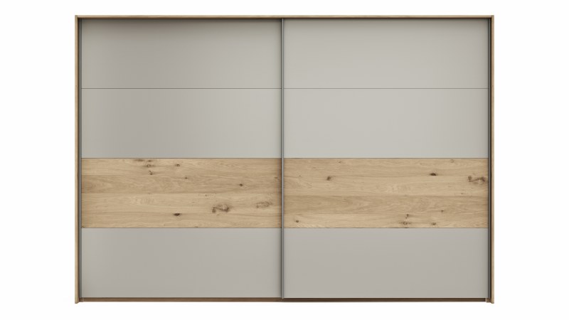 Schwebetürenschrank Viana - B ca. 308 cm, Furnier, Balkeneiche, Hellgrau