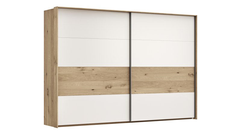 Schwebetürenschrank Viana - B ca. 308 cm, Furnier, Balkeneiche, Weiß