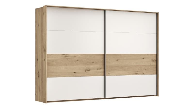 Schwebetürenschrank Viana - B ca. 308 cm, Furnier, Balkeneiche, Weiß