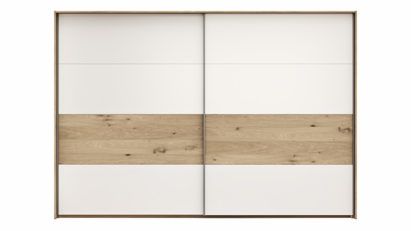 Schwebetürenschrank Viana - B ca. 308 cm, Furnier, Balkeneiche, Weiß