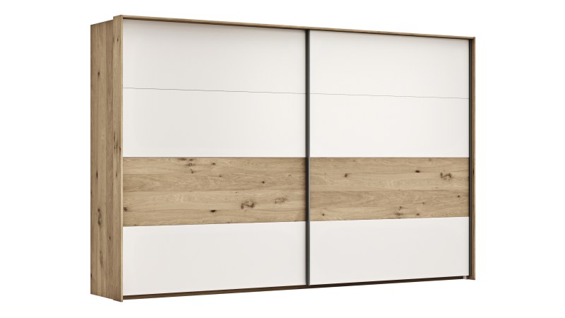 Schwebetürenschrank Viana - B ca. 338 cm, Furnier, Balkeneiche, Weiß