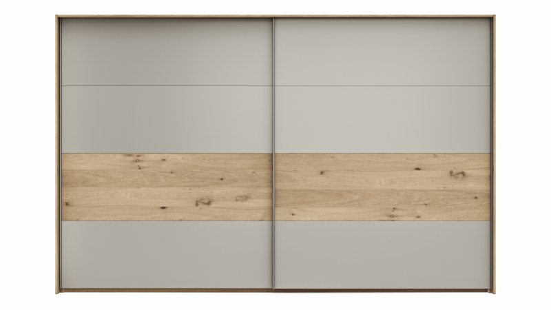 Schwebetürenschrank Viana - B ca. 338 cm, Furnier, Balkeneiche, Hellgrau
